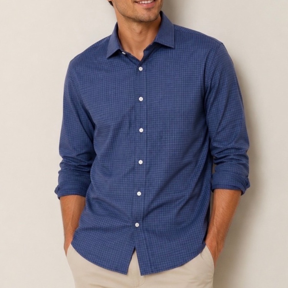 Fairlane The 24/7 Shirt Mens Large Blue Grid Non-Iron Stretch Regular Fit NWT